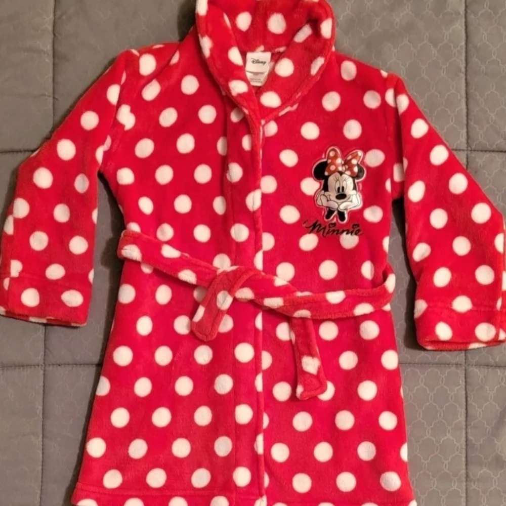 Disney Minnie Mouse Girls Fleece Robe Red White Poka Dots 4T/5T Bath Beach Pool